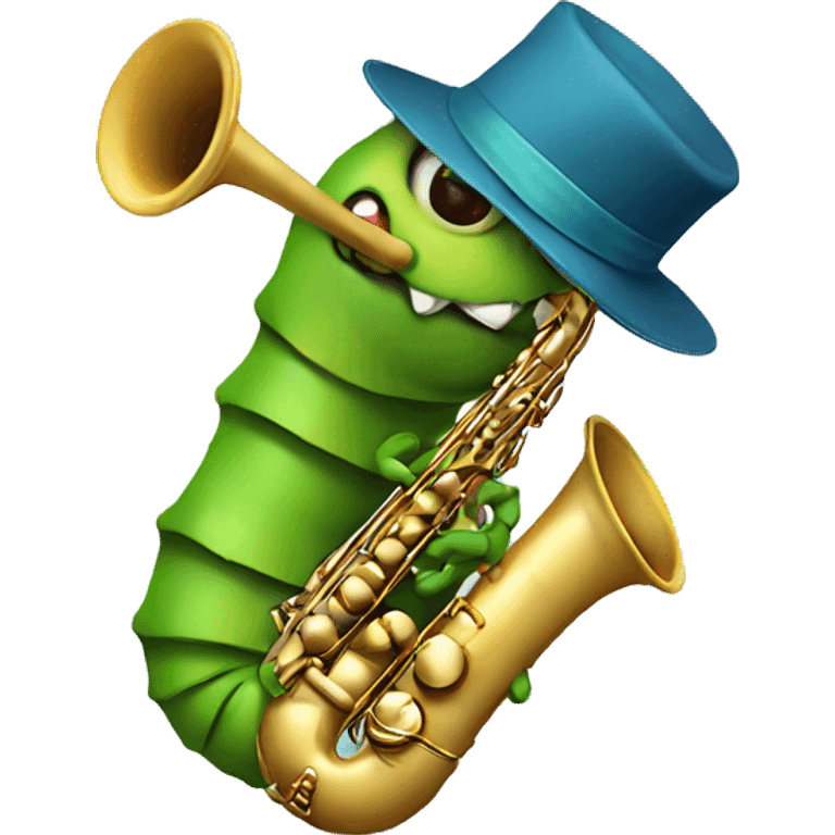 Caterpillar playing saxophone while wearing hat emoji