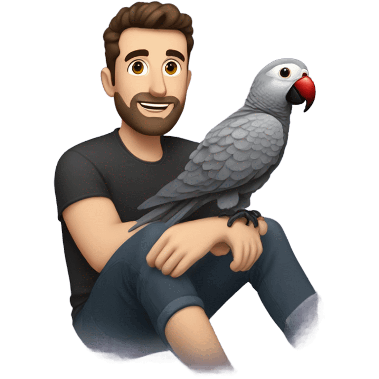 White Man with dark brown pompadour hair and dark brown short beard riding on top of a giant african grey bird emoji