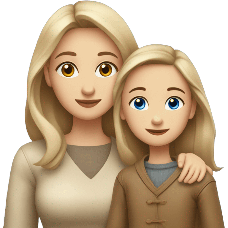 mother and daughter of Slavic appearance blue eyes in leather beige sweaters hugging emoji