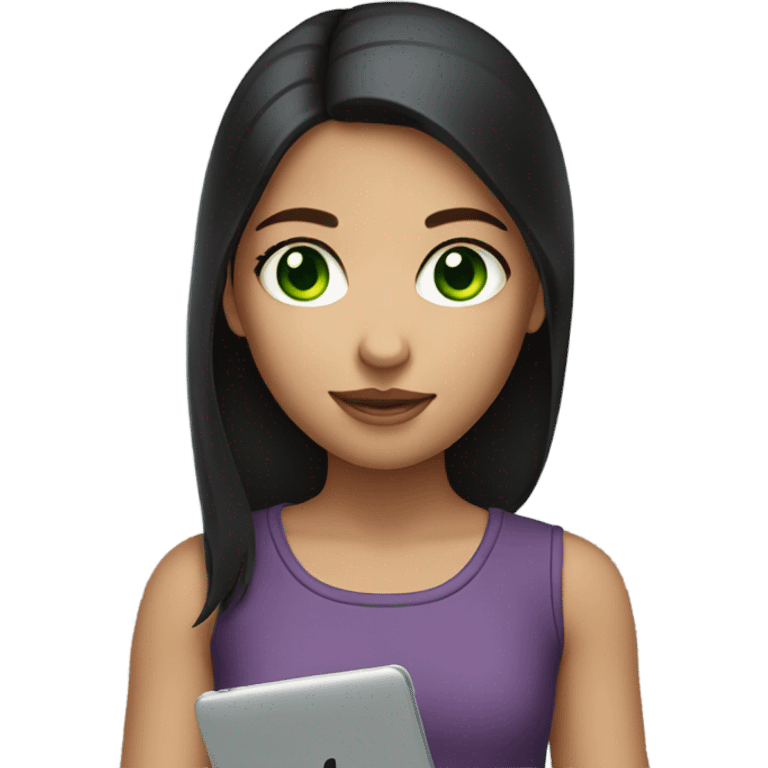 A girl with an iPad with medium-length dark hair and green eyes emoji