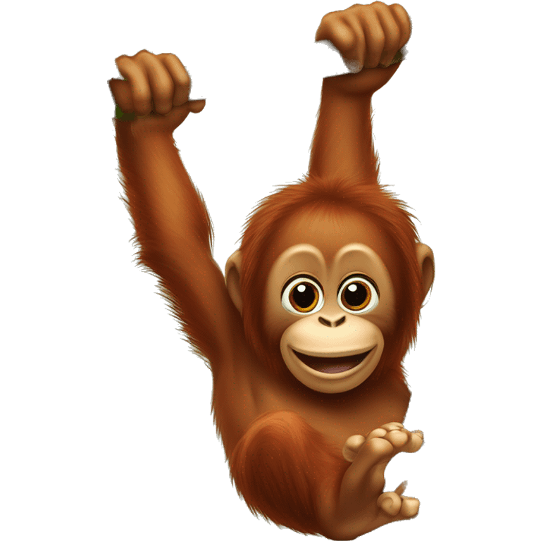 Baby orangutan hanging from a vertical tree branch right hand over his mouth left hand overhead feet gripping the tree trunk emoji