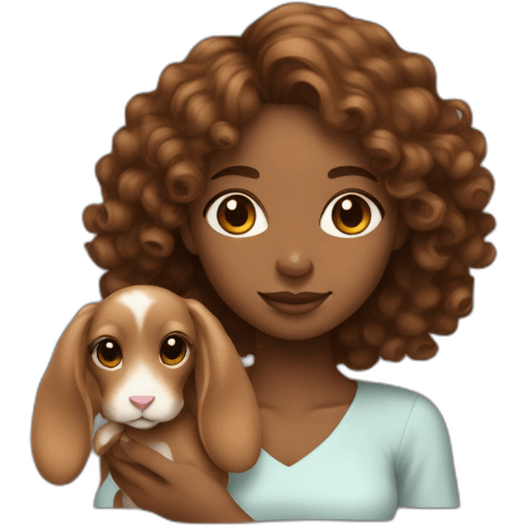 black woman long brown curly hair holding cute floppy eared light brown bunny emoji