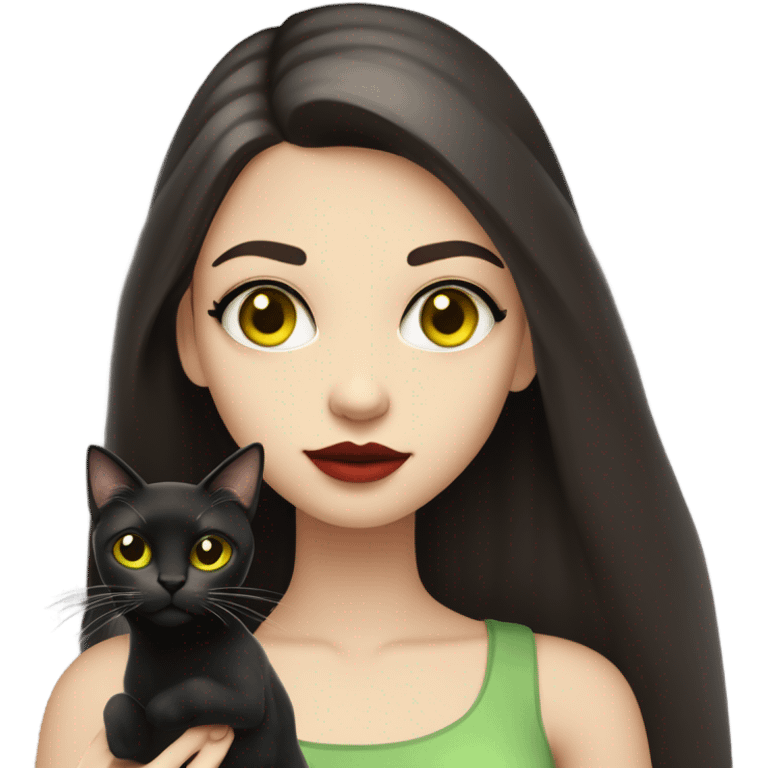 A teenage girl with white skin, she have some green hazel eyes, red lipstick, mid long straight dark brown hair, she have an eyeliner and she is holding a black cat that have some yellow eyes in her arms, view from close emoji