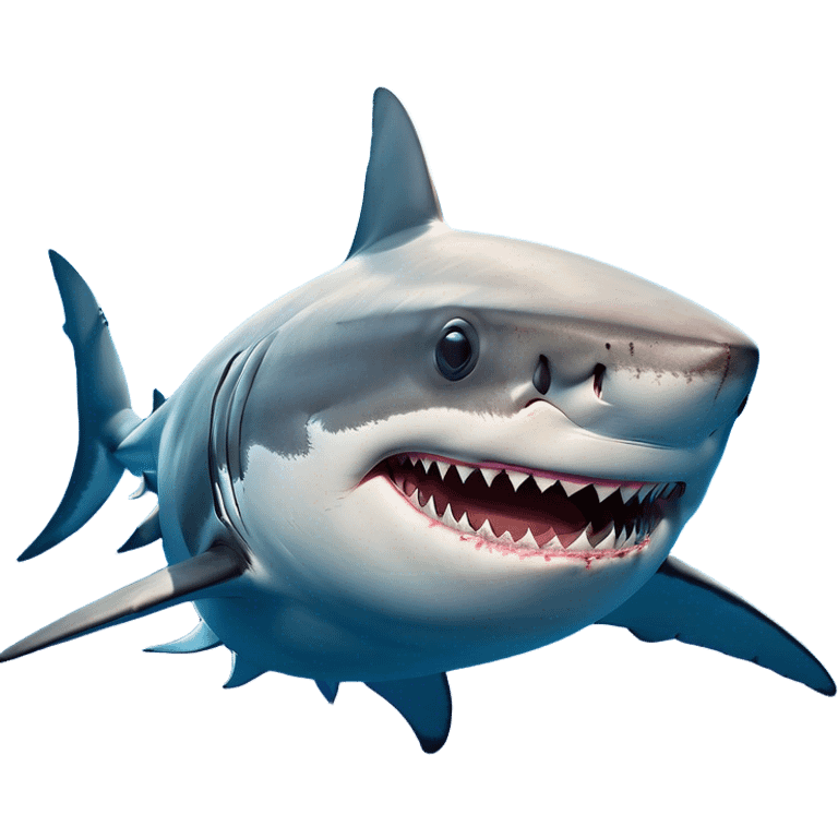 Cinematic Comical Great White Shark Portrait Emoji, Head tilted dramatically with an exaggeratedly shocked expression, featuring its iconic pointed snout, wide, comically expressive eyes, and a sleek body with a prominently defined dorsal fin, Simplified yet hilariously expressive features, highly detailed, glowing with a slightly sassy oceanic glow, high shine, dramatic yet playful, stylized with an air of cheeky marine mischief, soft glowing outline, capturing the essence of a meme-worthy great white shark that looks ready to side-eye its way into viral fame! emoji