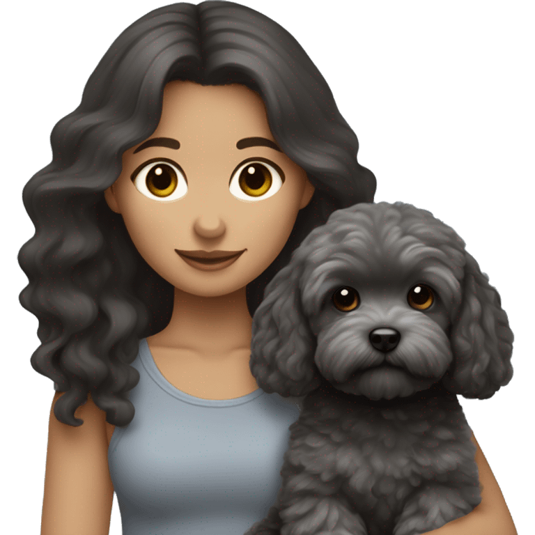 English Girl with dark brown long hair holding a charcoal gray maltipoo emoji