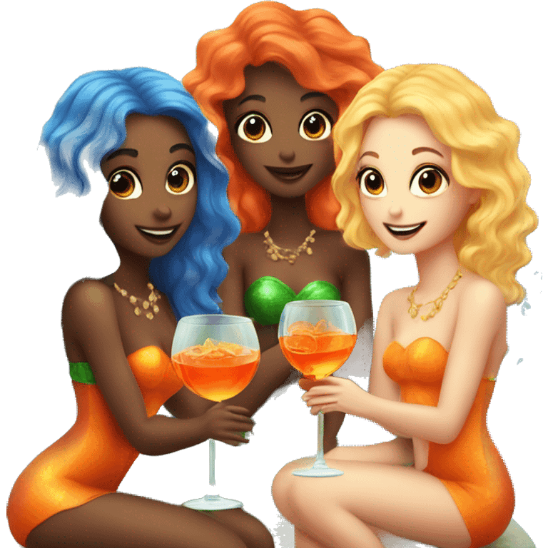 Three beautiful bright skin mermaids drinking aperol emoji