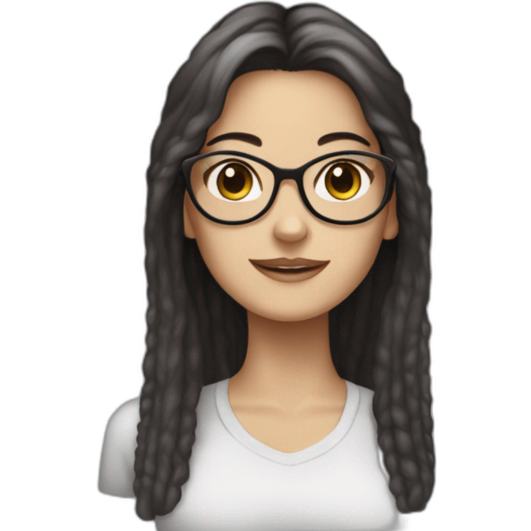 A white woman with glasses, long dark hair, brown eyes, and a grey cat emoji