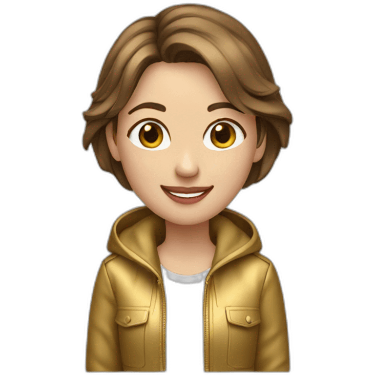 girl-shorter brown hair-gold jacket-smile-ear rings emoji