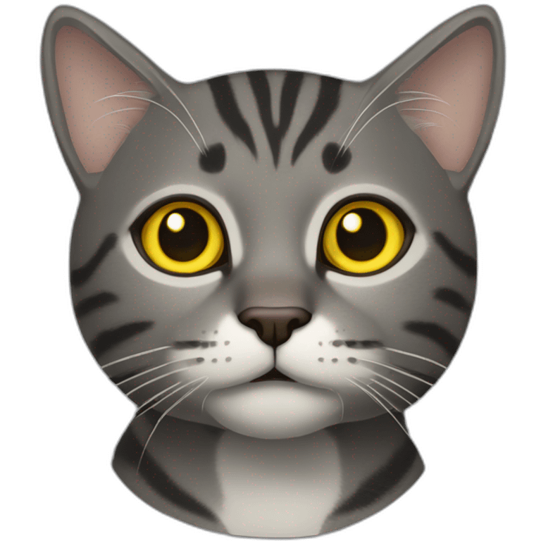 dark gray tabby cat with yellow eyes, black nose, some brown around mouth, tip of left ear missing, brown around mouth emoji