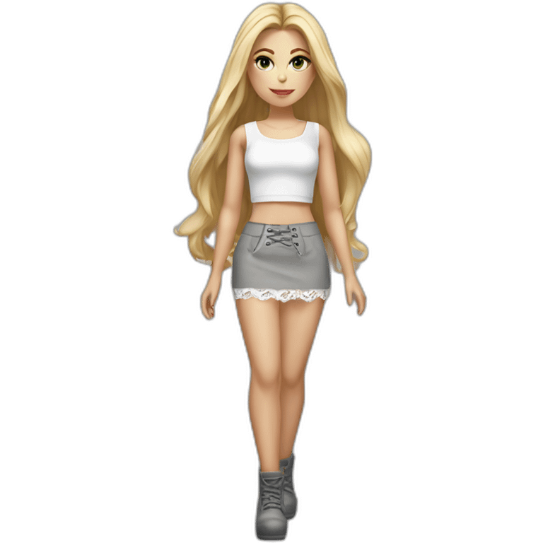 hyperrealistic caucasian blonde female, long straight hair, white lace-up crop top, tight grey mini skirt, full view emoji