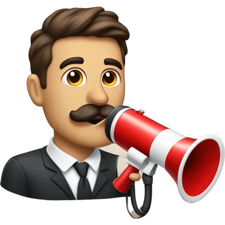 a heart and a megaphone behind a man who has a moustache emoji