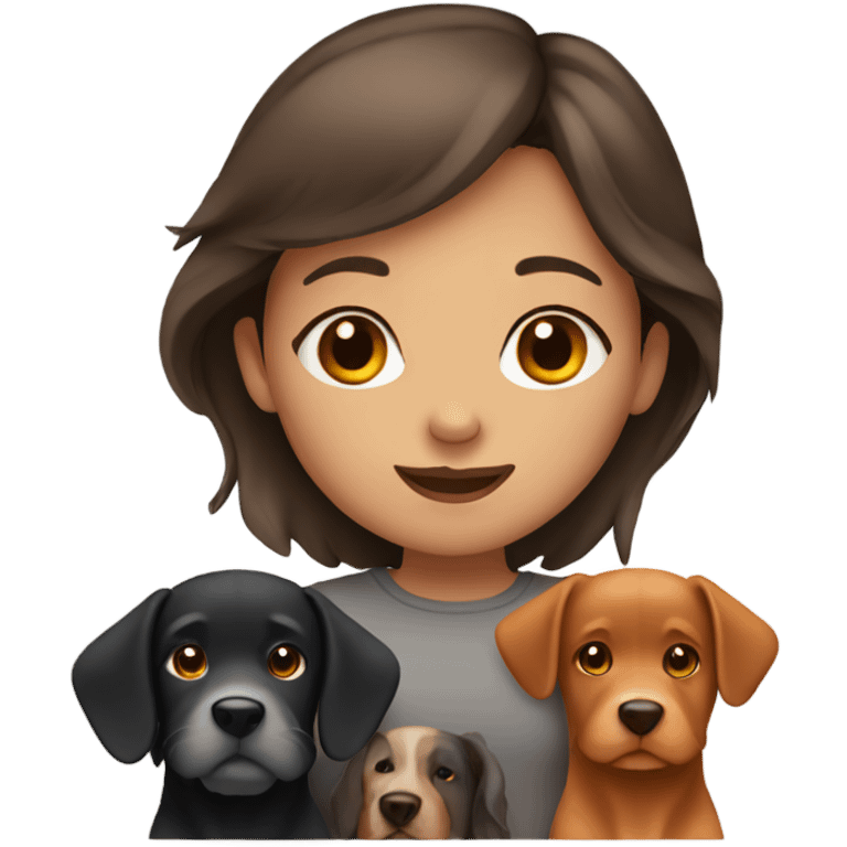 girl with brown hair and three dogs, a black, a grey and orange emoji