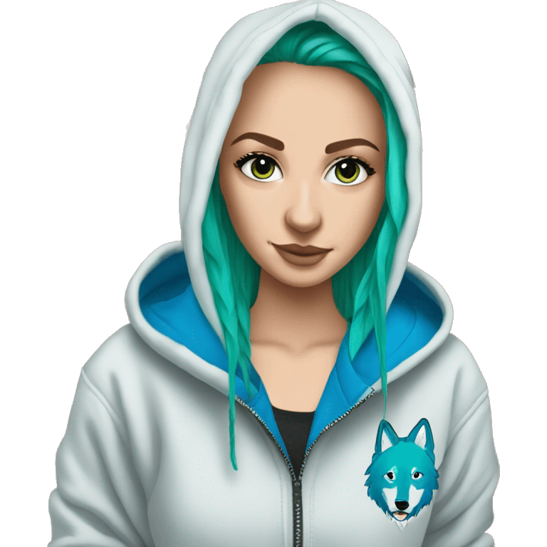 white girl with long bright blue wolf cut hair wearing green zip up nike hoodie emoji