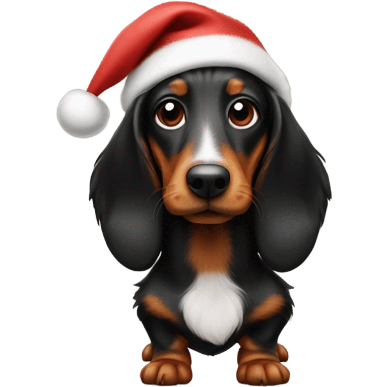 Black and brown long haired wiener dog with Santa hat on emoji