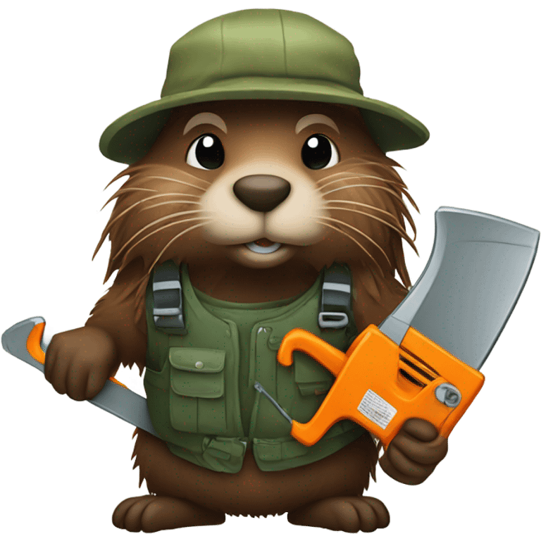 Beaver with dreadlocks in climbing gear with a chainsaw  emoji