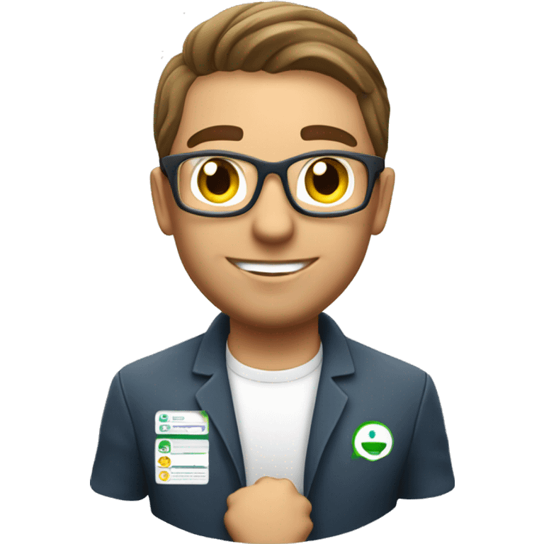 white brazilian man IT database administrator working on demand with a TAP company logo behind him emoji