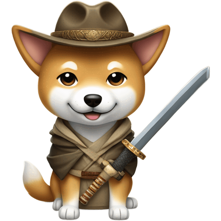 Handsome Shiba Inu dressed as Indiana Jones with a samurai sword  emoji