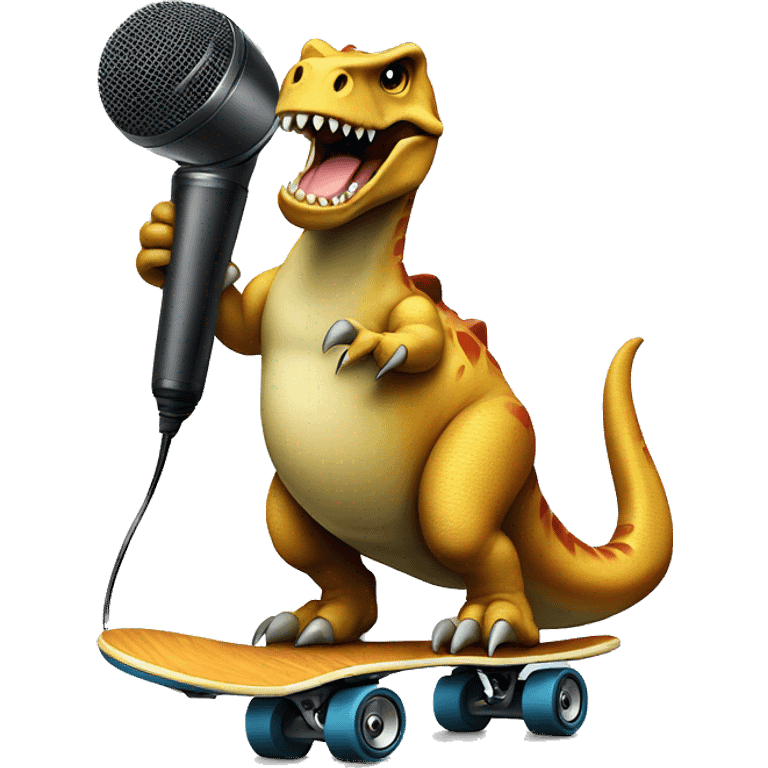 dinosaur on a skateboard holding a microphone and speaker  emoji