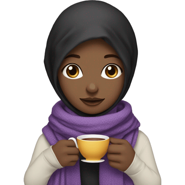 A veiled, brown-eyed girl holding a tea cup in her hands and a purple and black cashmere scarf on her shoulders emoji