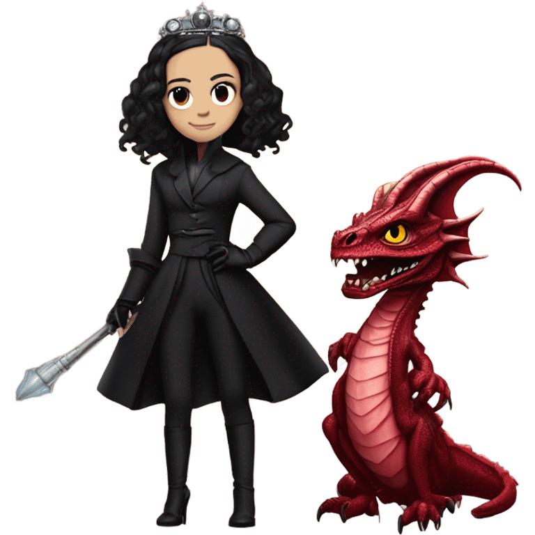 Lavish Victorian evening gown with gloves, Jenna Ortega as Addams girl Jedi wearing a mini tiara, standing next to a very large blood red evil-looking horned dragon emoji