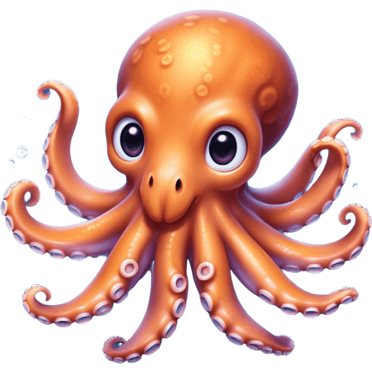 Cinematic Cute Octopus Portrait Emoji, Head tilted playfully and inquisitively, featuring a charming, rounded body with soft, shimmering skin and eight expressive, gently curling arms with playful suckers, with round, sparkling eyes full of wonder, Simplified yet irresistibly adorable features, highly detailed, glowing with a warm, inviting underwater glow, high shine, affectionate and lively, stylized with a touch of whimsical marine charm, soft glowing outline, capturing the essence of a mischievous yet loving octopus that seems as if it could float out of the screen into your arms! emoji