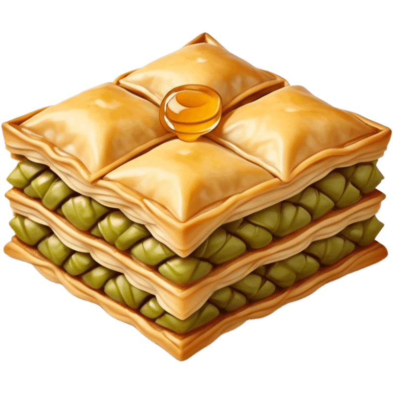 Cinematic Realistic Baklava Dessert Emoji, depicted as layers of flaky pastry with honey and nuts rendered with rich textures and warm, inviting lighting. emoji