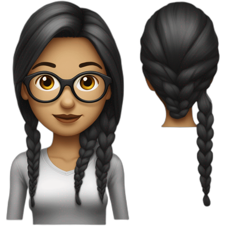 une fille avec de long cheveux noir lisse, la peau blanche ,et avec des lunette (en forme de carrer un peu déformé) assez grosse comparer a ça tête , portant un pull noir emoji