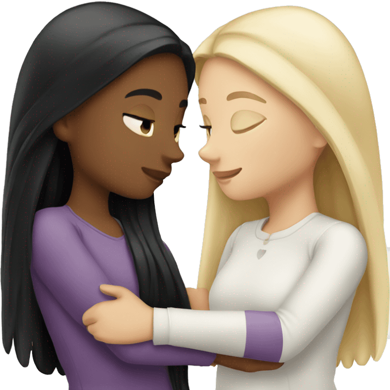 Two white girls with long black hair hugging. emoji