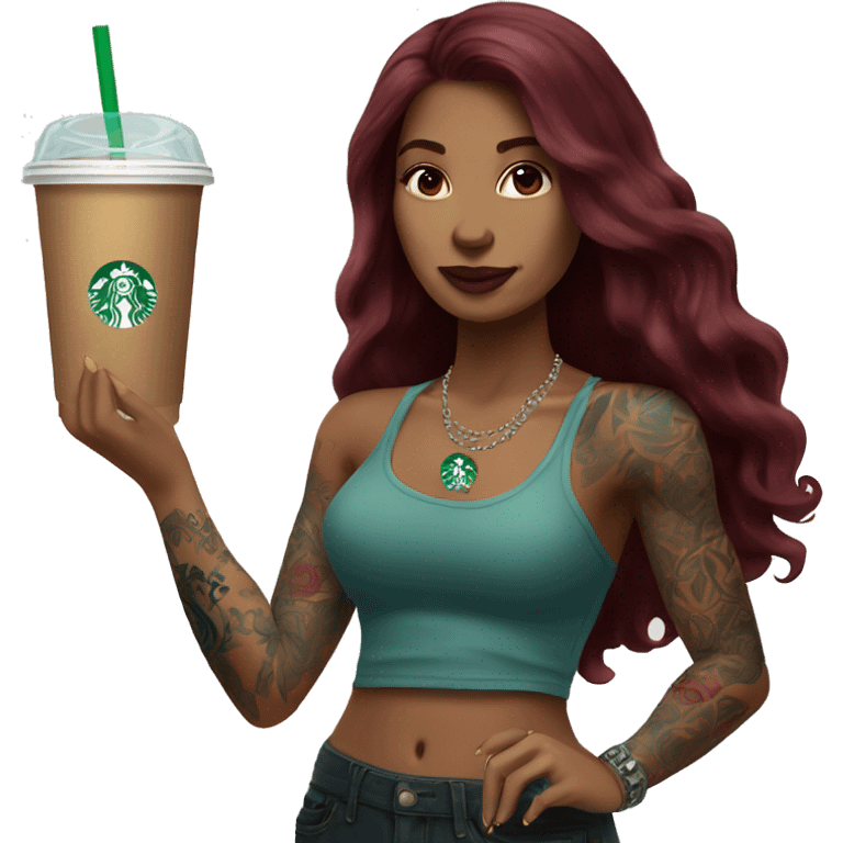 Beautiful tattooed  burgundy long haired woman holding a Starbucks drink emoji