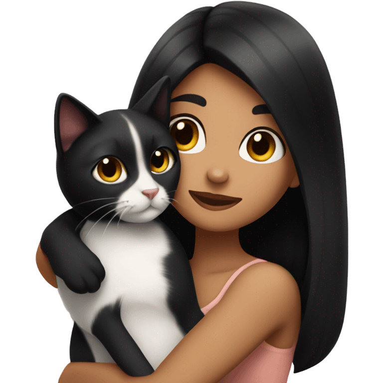 Tanned woman with long black hair hugging a black and white cat  emoji