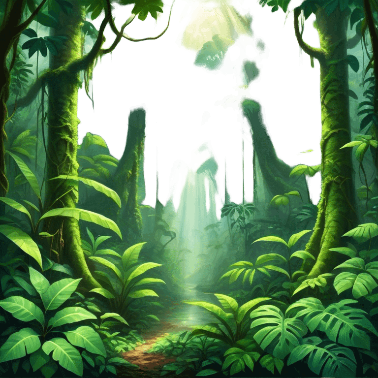 Cinematic Realistic Rainforest Emoji, Lush and vibrant, filled with towering trees, thick vines, and dense green foliage, sunlight filtering through the canopy above, creating dappled patches of light on the rich, diverse undergrowth. The air is heavy with moisture, with mist rising from the forest floor and distant calls of exotic birds and animals echoing through the trees. Soft glowing outline, capturing the essence of a thriving, untamed tropical paradise filled with life! emoji