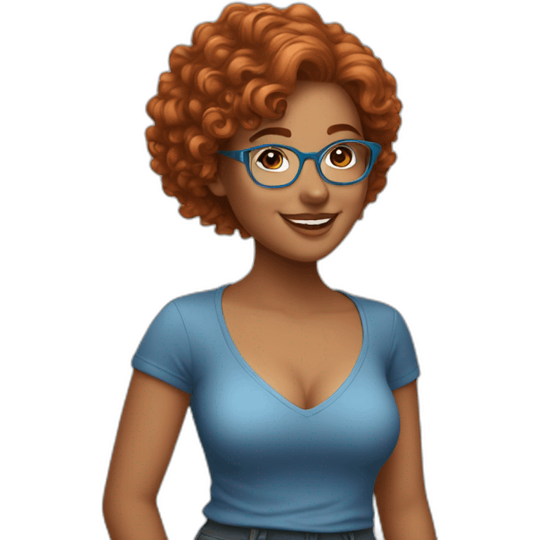 pretty curvy girl with curly copper hair and blue glasses dancing emoji