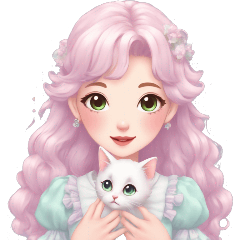 Gorgeous pastel anime style lady with blushing face and holding a kitten cottagecore fairycore pastelcore colorful pearly romantic simplistic aesthetic trending style emoji