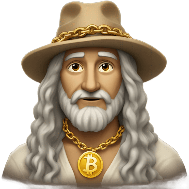 Leonardo da vinci with gold Bitcoin chain with old artist hat emoji