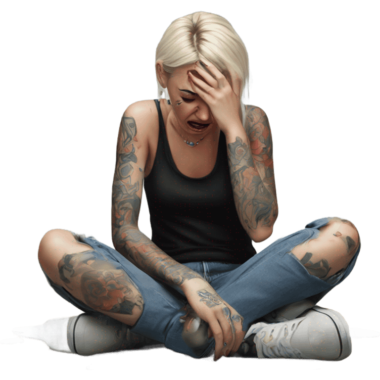 Hyper Realistic Beautiful tattooed woman crying sadly on the floor  emoji