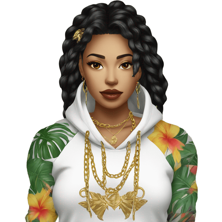 Trendy lady tropical baroque hoodie with tattoos and gold chain emoji