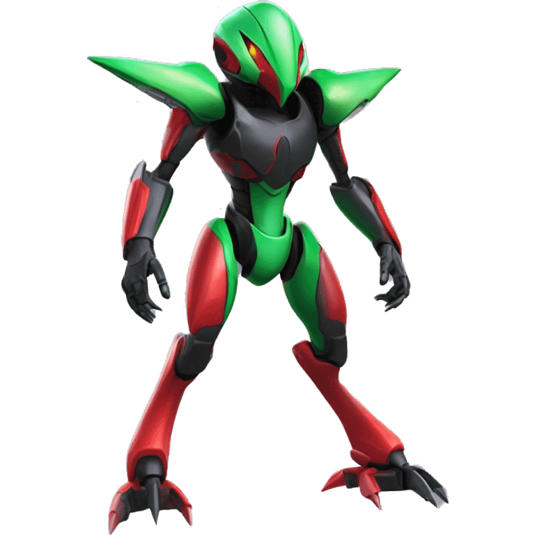 a shiny black-green-red Genesect-Flygon-Raptor-Fakémon-Medabot-hybrid with a futuristic visor-helmet full body emoji