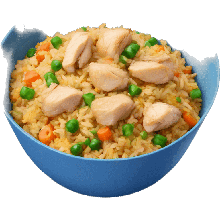 Fried rice with chicken and vegetables in a blue bowl emoji