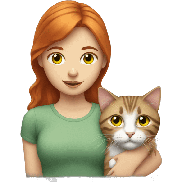 red haired girl with green eyes holding a fluffy gray tabby cat with yellow eyes emoji