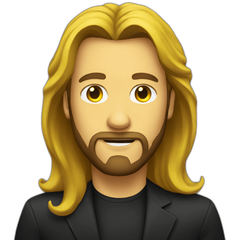 A man with long hair, a beard and a black shirt behind a yellow suit emoji