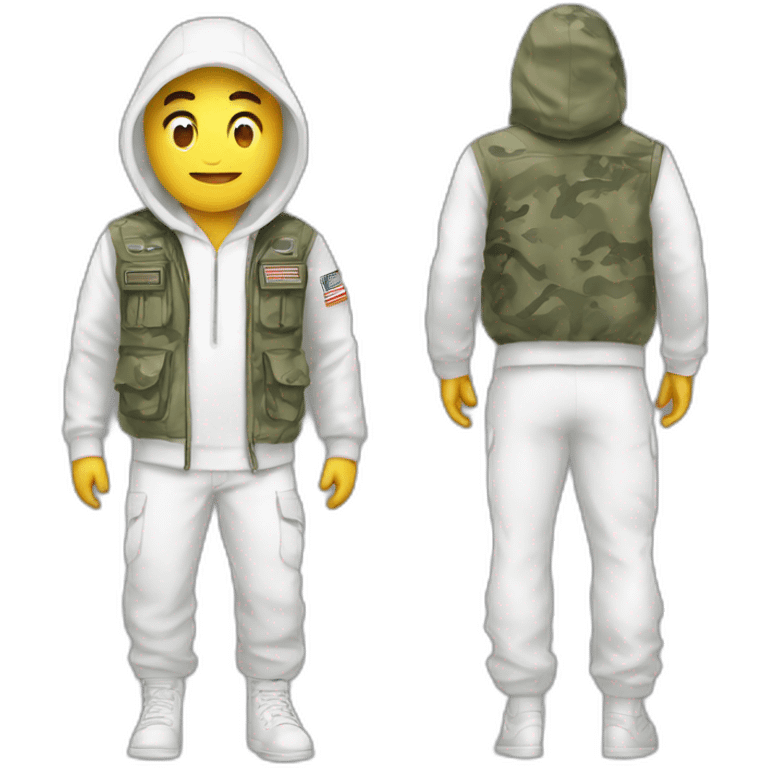 person with militay print hat and white hoodie and pants emoji