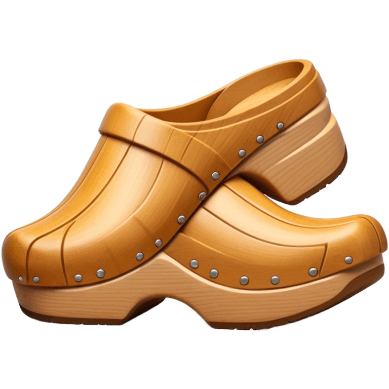 Cinematic Realistic Wooden Clogs Emoji, depicting the classic handcrafted footwear with a smooth, curved design and sturdy wooden soles, rendered with rich textures and warm, natural lighting. emoji