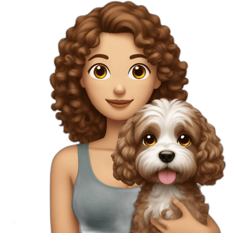 A brown hair curly woman with shitzu dog emoji