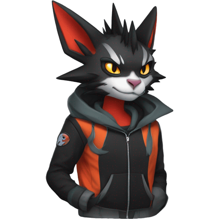 Cool Anthro Black Noivern-Nargacuga-Litten-cat-Pokémon with edgy stripes hoodie spiked collar punk Full Body emoji