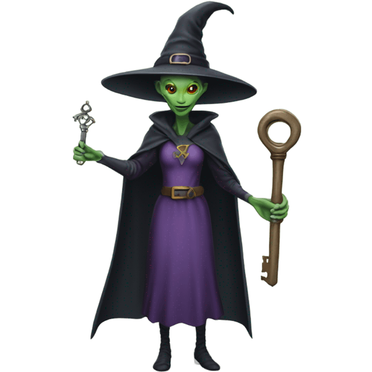 a Reptilian alien woman, as witch, holding a big key, full body emoji