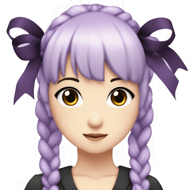 Kyoko Kirigiri, light purple hair, purple eyes, one braided hair, black ribbon emoji