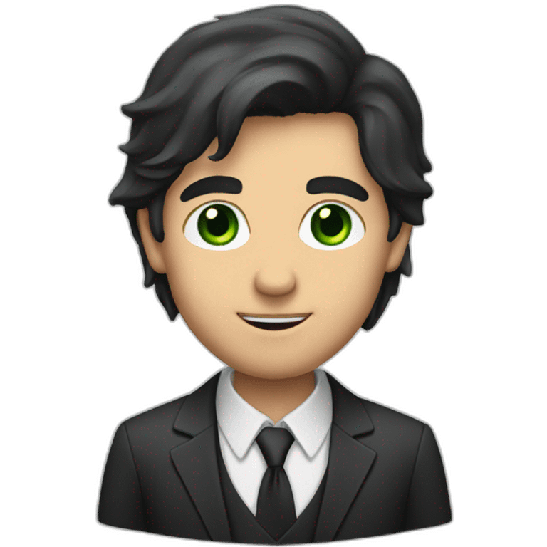 a man with long dark hair in a suit, green eyes emoji