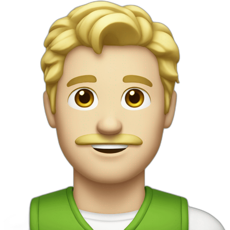 White man with blonde hair and moustache and blue eyes with slightly open mouth facing green vest and white shirt emoji