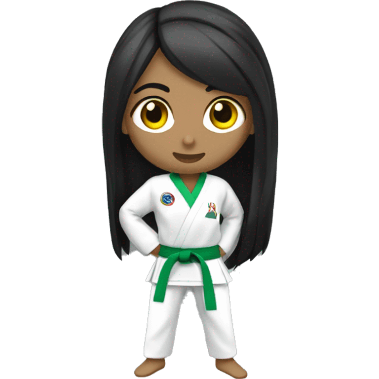 full body taekwondo girl with all white gi light green belt long black hair light dark skin emoji