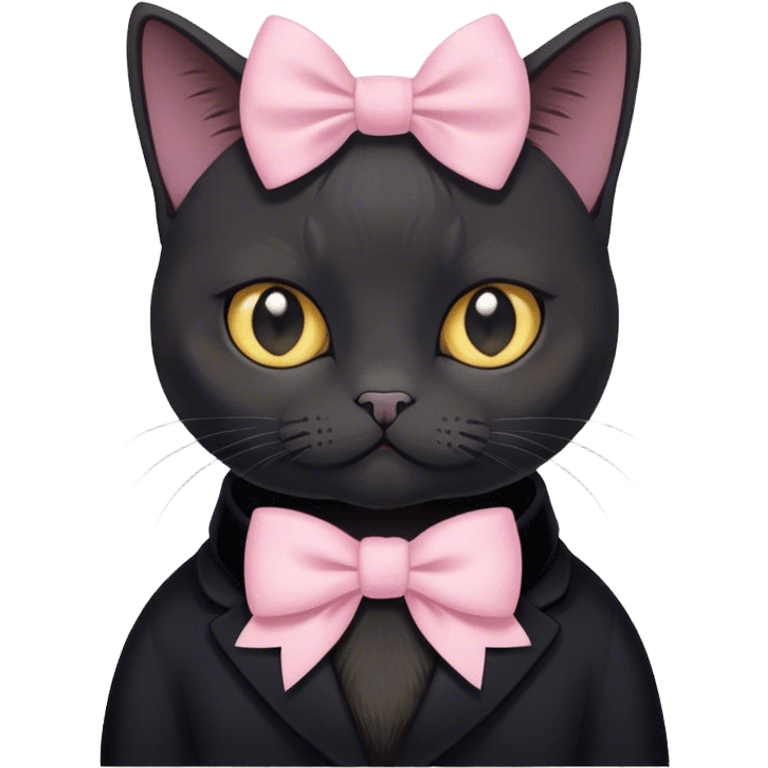 
short-haired black British cat with pastel bow emoji